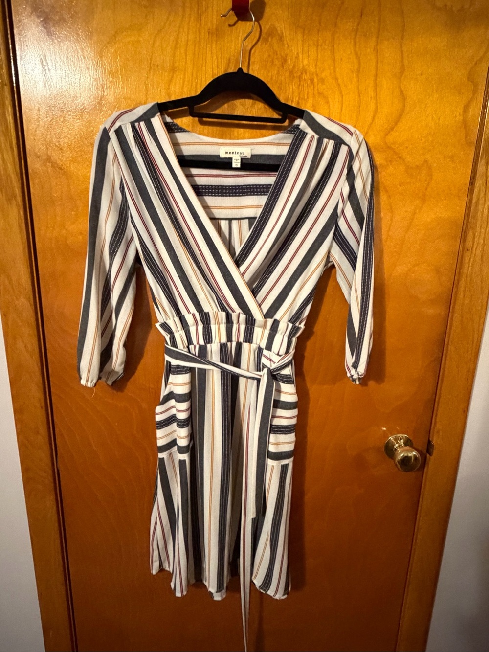 Blue Striped Wrap Dress in Cream and Navy
